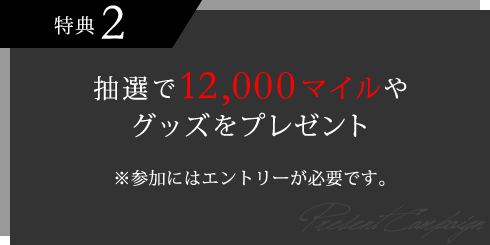 特典2 抽選で12,000マイルやグッズをプレゼント ※参加にはエントリーが必要です。