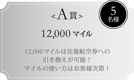 A賞 5名様 12,000マイル 12,000マイルは往復航空券への引き換えが可能！マイルの使い方はお客様次第！