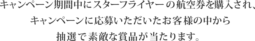 キャンペーン期間中にスターフライヤーの航空券を購入され、キャンペーンに応募いただいたお客様の中から抽選で素敵な賞品が当たります。