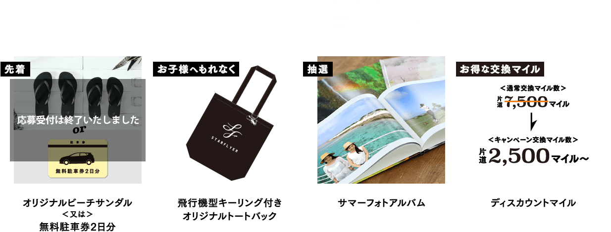 Summer gift from STARFLYER スターフライヤーから、夏のおくりもの。【お子様へもれなく】飛行機型キーリング付き オリジナルトートバッグ　【抽選】サマーフォトアルバム　【お得な交換マイル】ディスカウントマイル