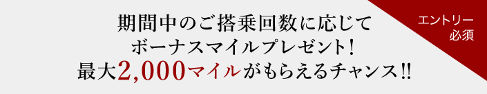 期間中のご搭乗回数に応じてボーナスマイルプレゼント！​最大2,000マイルがもらえるチャンス！！​