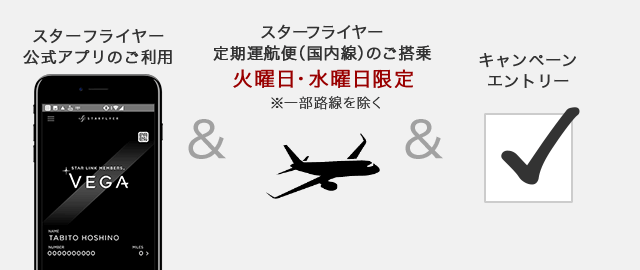 スターフライヤー公式アプリのご利用 & スターフライヤー定期運航便（国内線）のご搭乗火曜日・水曜日限定 & キャンペーンエントリー