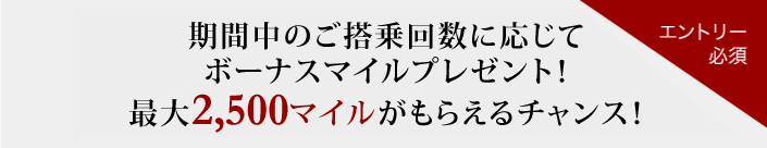 期間中のご搭乗回数に応じてボーナスマイルプレゼント！ 最大2,500マイルがもらえるチャンス！！