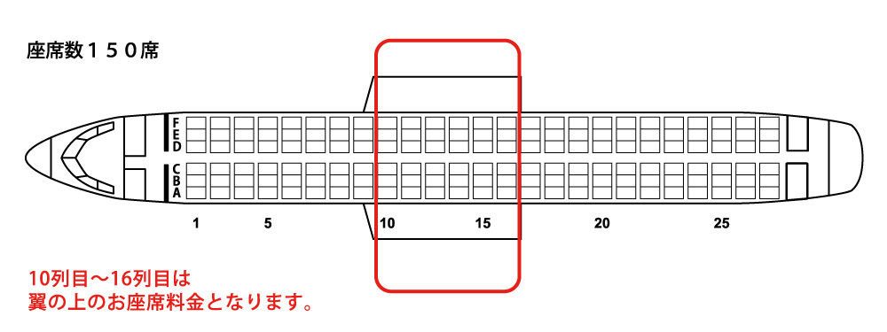 座席数150席 10列目~16列目は翼の上のお座席料金となります。