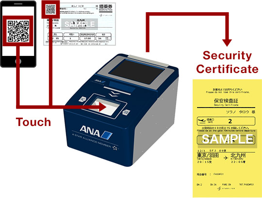 Touch the 2D barcode on your smartphone or ticket to the automatic turnstile machine at the boarding gate