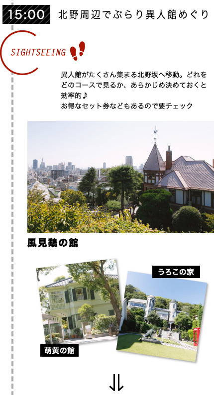 15:00 [北野周辺でぶらり異人館めぐり] 異人館がたくさん集まる北野坂へ移動。どれをどのコースで見るか、あらかじめ決めておくと効率的♪お得なセット券などもあるので要チェック。〈風見鶏の館〉〈萌黄の館〉〈うろこの家〉